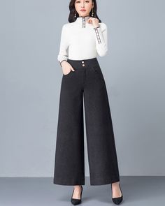 * A wide leg pants for autumn and winter, made of quality cotton blends. * Two pockets, they are big enough for your hands. * Material: 55% cotton, 22% polyester, 18% nylon, 5% spandex * Let us know your usual size in your country and your overall height. * Can custom make waist size and length. * Size: True to US size, US 0-US 20 are available, you can let us know your usual size and height in your order. * Shipping: Free shipping Processing time : 5-7 Business days Delivery time : 7-20 Busines Gray Baggy Wide Leg Pants For Fall, Baggy Wide Leg Pants With Pockets For Winter, Winter High-waisted Wide Leg Pants With Pockets, Winter Wide Leg Pants With Pockets, Winter Baggy Wide Leg Pants With Pockets, Winter Wide-leg Pants, Ankle-length Wide Leg Cotton Pants For Winter, Gray Full Length Wide Leg Pants For Fall, Baggy Winter Wide Leg Straight Pants