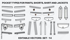 a set of different types of pants, shorts and jackets for men in black and white