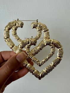 Double Bamboo Heart Shaped Earrings For Pierced Ears  Golden Tone Measure 3" Metal Heart Earrings With Heart Beads, Bamboo Earrings, Double Heart, Heart Shaped Earrings, Heart Earrings, Jewelry Earrings Hoops, Ear Piercings, Heart Shapes, Hip Hop