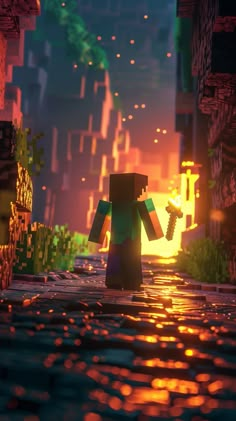 an animated image of a person walking down a street at night with the sun setting in the background