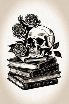 a skull with roses sitting on top of some books