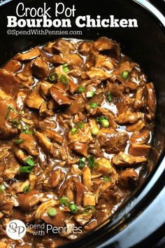 crock pot bourbon chicken in the slow cooker with green onions and scallions