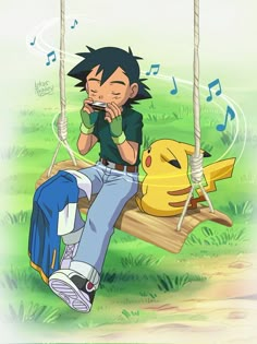 a cartoon character sitting on a swing with music notes