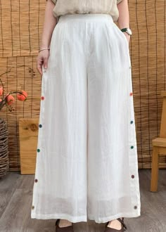 Spring Patchwork Wide Leg Pants, White Patchwork Long Pants, Casual White Patchwork Bottoms, Casual White Patchwork Pants, Casual White Bottoms With Patchwork, Summer Patchwork Ankle-length Pants, Summer Ankle-length Patchwork Bottoms, White High Waist Patchwork Pants, High-waist White Patchwork Pants