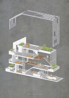 an architectural drawing of a house with stairs and balconies on the second floor