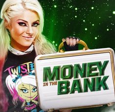 a woman holding a money box with the words money in the bank on it