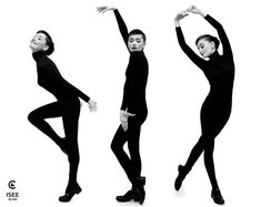 three different poses of a woman in black and white, with her arms stretched out to the side