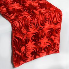 14x108inch Red Grandiose 3D Rosette Satin Table Runner Ruby Table Runner, Satin Table Runner, Ribbon Rosettes, Rose Centerpieces, Floral Table Runner, Chair Sashes, Table Runners Wedding, Red Table, Ribbon Roses