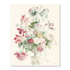 a painting of flowers in a vase on a white background with pink and red flowers