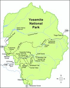 a map of yosemite national park showing the location of various parks and campgrounds