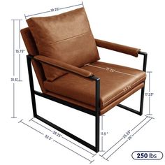 a brown leather chair sitting on top of a metal frame with measurements for the seat