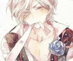 an anime character with long hair wearing a scarf and holding a rose in his hand