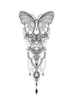 a black and white drawing of a butterfly with intricate designs on it's wings