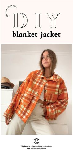 a woman wearing an orange plaid jacket with the words diy in black and white