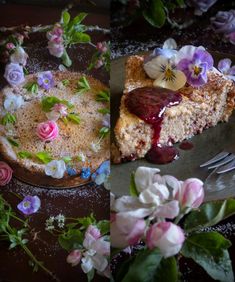 two pictures of a cake with flowers on it and one has a slice taken out