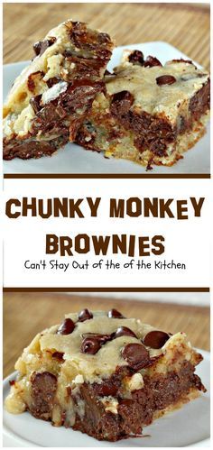 there are two pictures of chunky monkey brownies