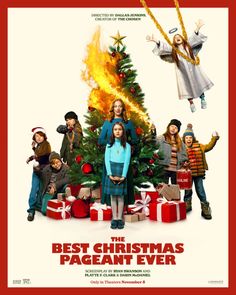 the best christmas pageant ever poster with children around a christmas tree and presents on fire