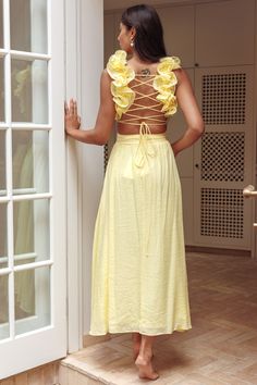 Shop the Madara Laced Back Ruffle Dress Yellow | Selfie Leslie Yellow Bridesmaid Dresses, Yellow Bridesmaids, Wrap Midi Dress, Lace Bodycon Dress, Blue Bridesmaids, Dress Yellow, Iron Material, Date Night Dresses, Mini Dress Casual