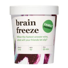 a cup of ice cream with the words brain freeze on it's front and side