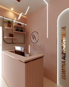 the front desk of a store with pink walls