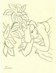 a drawing of a woman laying on her back next to a tree with leaves in it