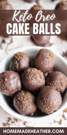 chocolate cake balls in a white bowl with text overlay that reads keto oreo cake balls