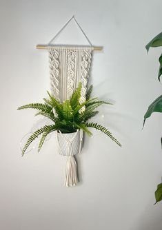 a potted plant hanging on the wall next to a white macrame curtain