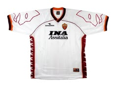 a white and red soccer jersey with black writing on the chest, in front of a white background