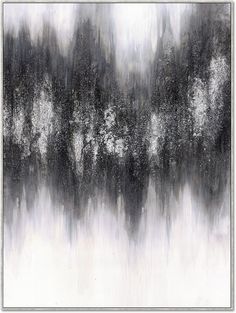 an abstract black and white painting with trees in the background, on a canvas frame