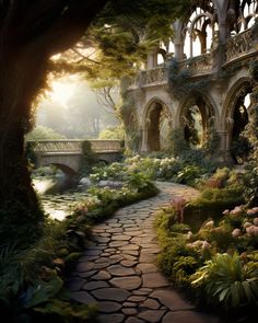 an image of a beautiful garden scene with flowers and bridge in the background at sunset