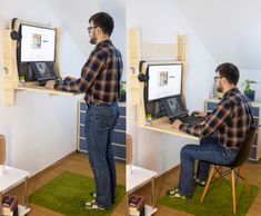 a man sitting at a desk using a computer monitor and keyboard to work on his laptop