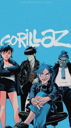 the cover to gorillazo 2, with two men and one woman sitting on a bench