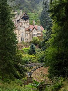 an old house in the middle of a forest with a bridge going through it and lots of trees