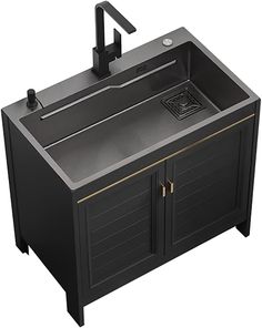 a black sink with two doors and a faucet