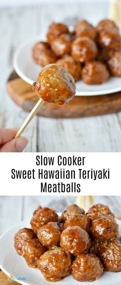 slow cooker hawaiian teriyaki meatballs on a white plate