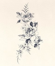 a black and white drawing of flowers on paper