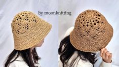 two pictures of a woman wearing a hat with crochet on the brim