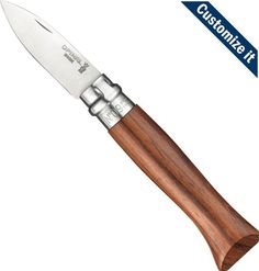 a knife with a wooden handle on a white background and the words customize it