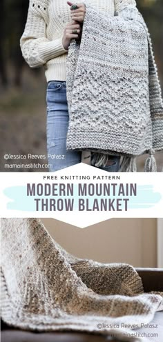 the modern mountain throw blanket is knitted in two different sizes and colors, with text overlay that reads free knitting pattern