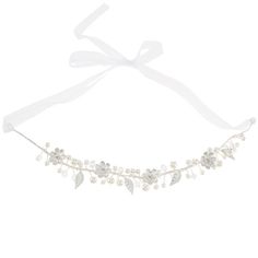 Give your big day an extra touch of elegance and enchantment with Pearl & Flower Head Piece. This headpiece offers shimmer, sparkle, and shine that will give your aisle style an extra boost of enhancement. Wrap the metal and ribbon piece around a bun or as a headband, and turn even the simplest of hairstyles into something regal.     Dimensions:   Beaded Length: 11"  Full Length: 36"  Width: 1 1/4" Flower Head Piece, Davids Bridal Gowns, Ariel Hair, Flower Headpiece Wedding, Gold Knot Earrings, Silver Hair Accessories, Crystal Hair Vine, Leaves Headband, Crown For Women