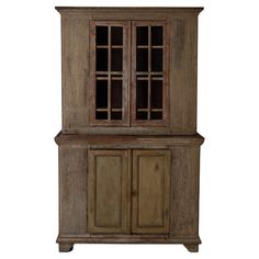 an old wooden cabinet with glass doors on the top and bottom, isolated against a white background