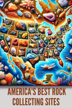 an illustrated map of the united states with rocks and corals on it's sides