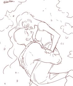 a drawing of a woman holding a man in her arms with the sky behind her