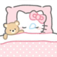 a drawing of a hello kitty bed with polka dots and a teddy bear on it