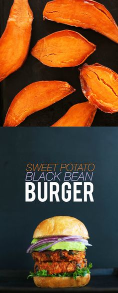 sweet potato and black bean burgers on a plate with the words, sweet potato & black bean burger