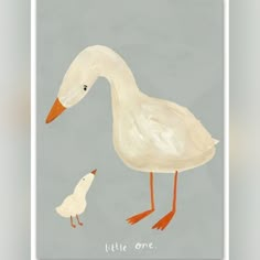 an illustration of a white goose and its chickling on a gray background with the words little ones written below it