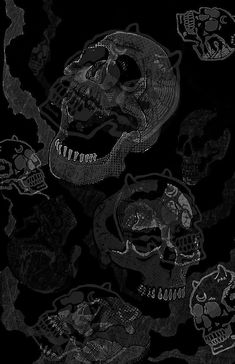 black and white photograph of skulls on a dark background