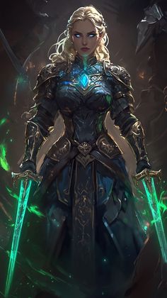 an image of a woman in armor with green lights on her chest and two swords