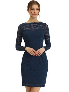 Shop Allegra K for lace boat neck long sleeve cocktail bodycon pencil dress you are looking for, get more women's dresses for yourelf. Order now! Free Returns! Boat Neck Long Sleeve, Stretch Lace Fabric, Dress Dark Blue, Lace Cutout, Floral Lace Dress, Classic Elegant, Pencil Dress, Stretch Lace, Long Sleeve Lace