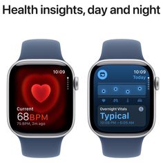 two smart watches with different time zones and heart images on their screens, one showing the same day and night